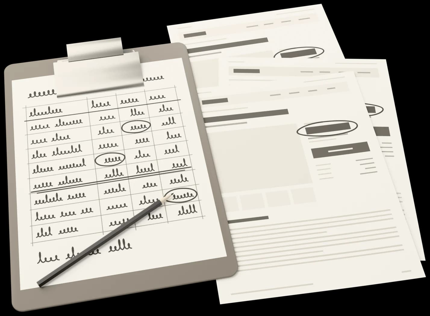 A clipboard with a table drawn in pencil, prices written by hand and circled, next to printed pages from dealer websites.